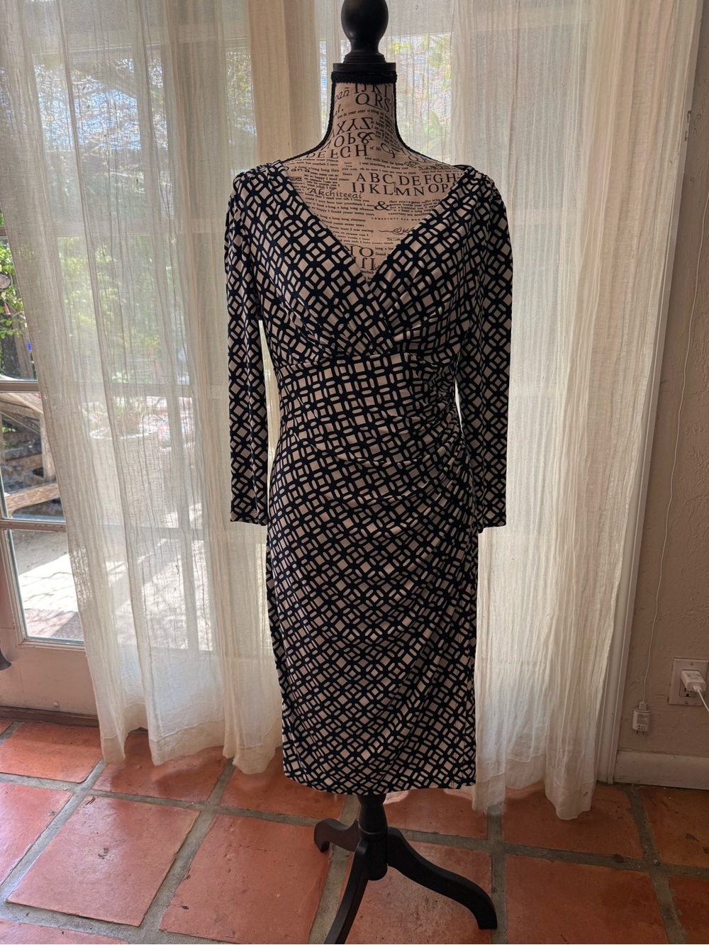 Lauren Ralph Lauren Navy and White Geometric Long-Sleeve Wrap Dress